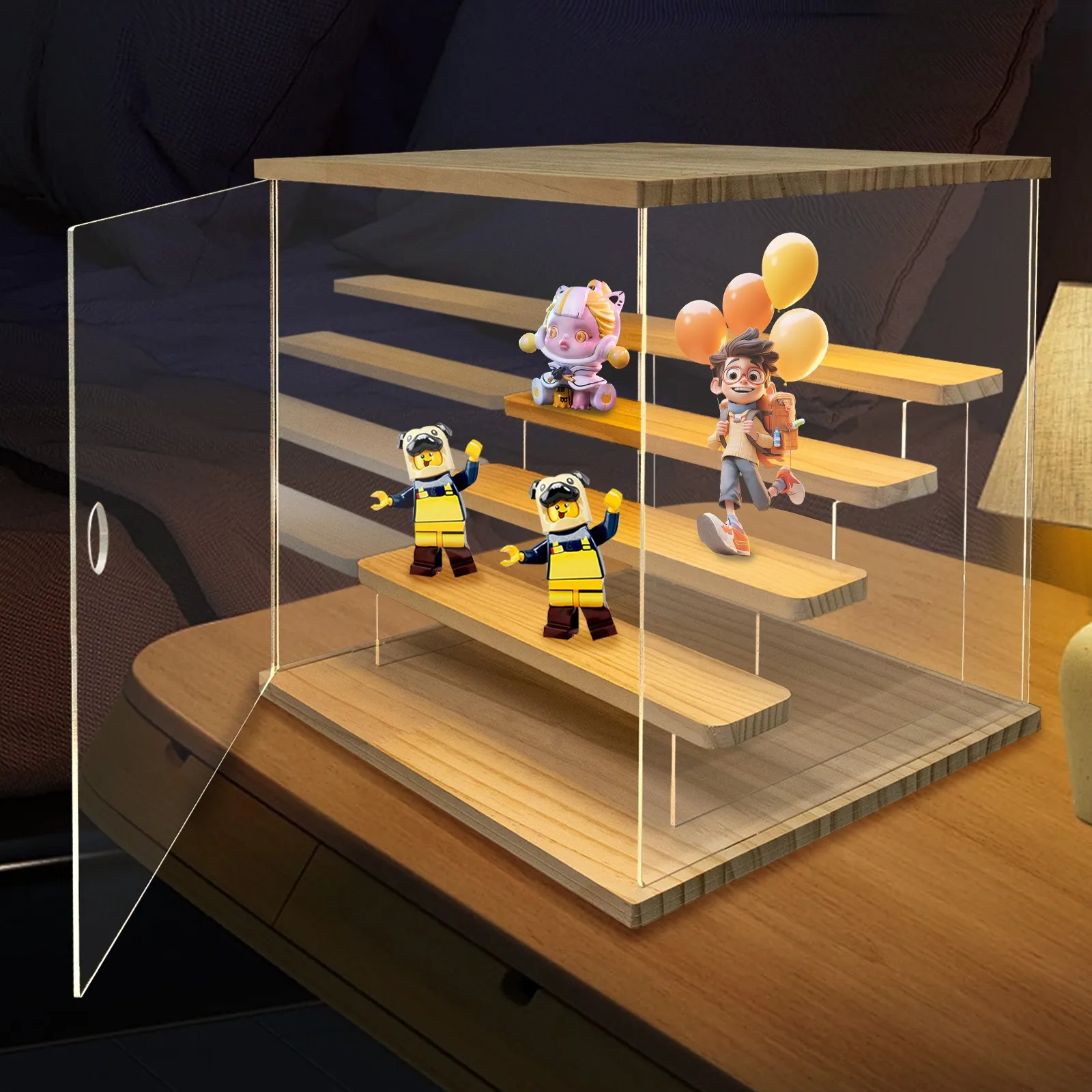 

5-Tiers Clear Acrylic Display Case Home Shopping Mall Exhibition Hall Display Box 12.6*12.6*12.68in with LED Light