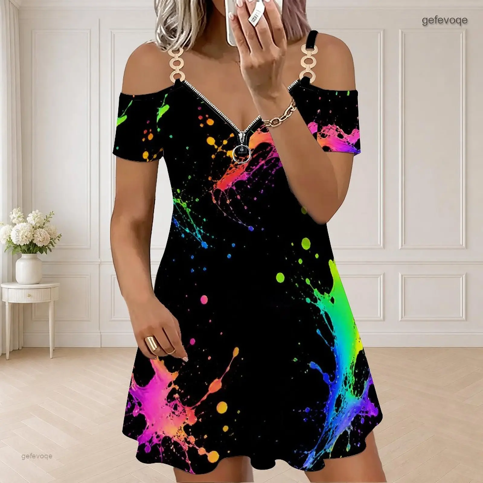 Women Abstract Black Gold Grey Swirl Printed Cold Shoulder Short Sleeve Chain Strap V Neck Zipper Flared Dress