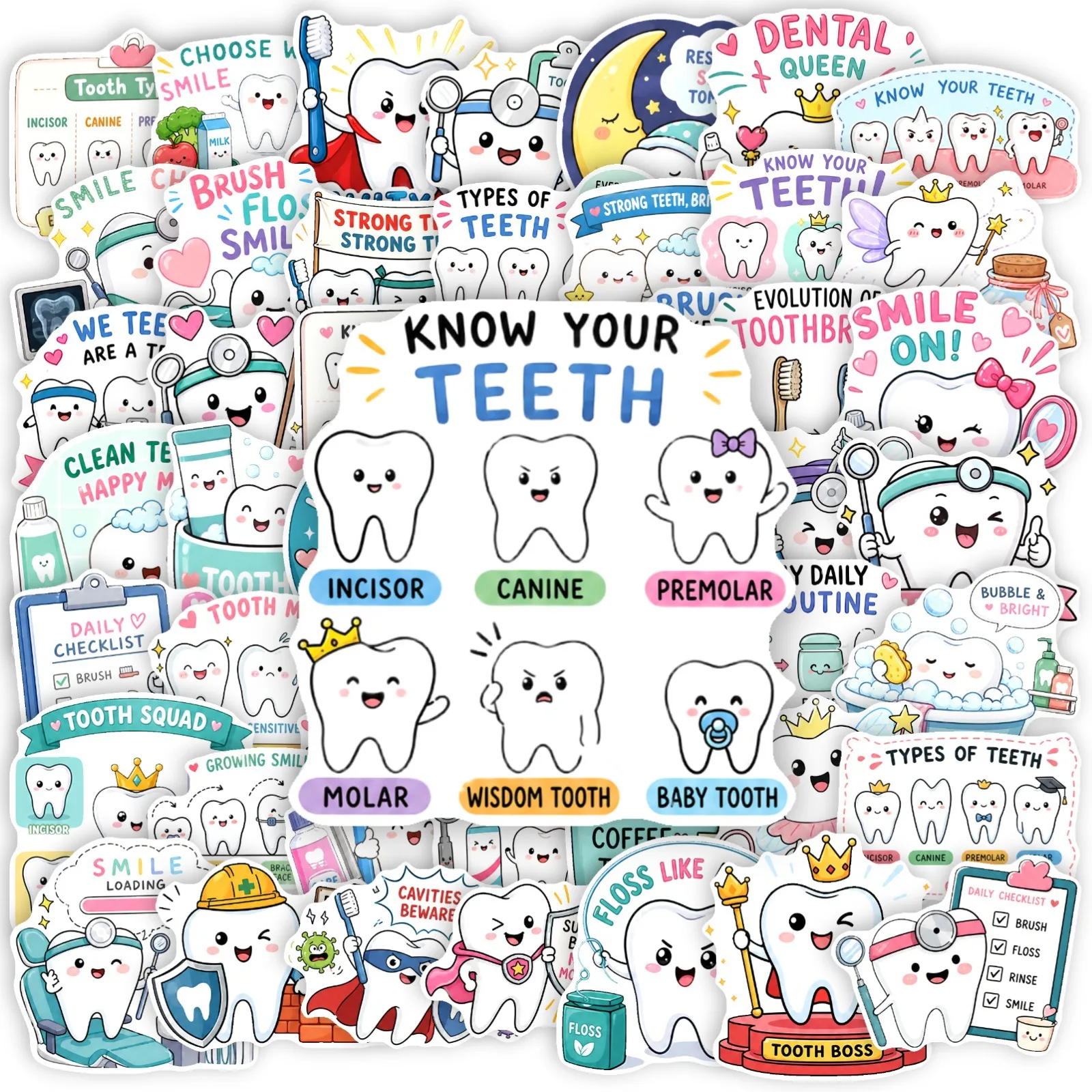 50 PCS Dental Theme Stickers Pack Cartoon Tooth Dentist Illustration DIY Storage Box Fridge Scrapbook Waterproof Decals