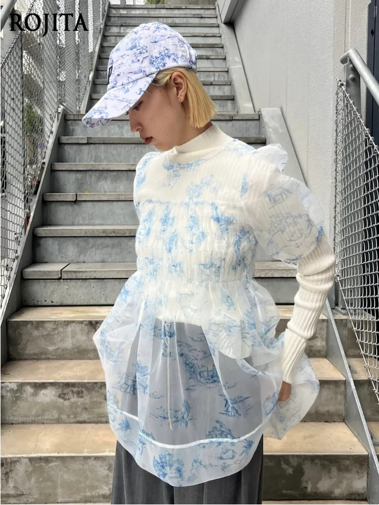 

Organza Puff Sleeve Blue Top for Women Summer Japanese Style Mountain Painting Short Sleeve Sheer Top