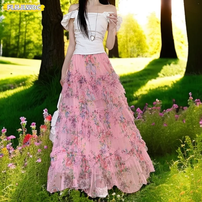 Holiday Romantic Ruffles Layer Skirts 2025 New Women Cute Sweet Lolita Girls Chic Korea High Waist Lace Sheer Mesh Skirts