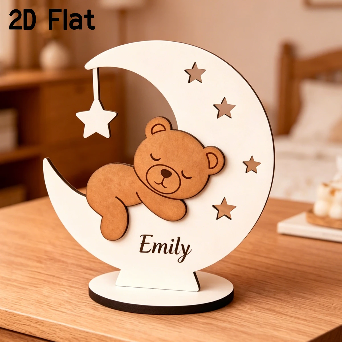 Personalized Sleeping Bear Moon Wooden Custom Name Wood Plaque Freestanding Nursery Tabletop Decor Baby Shower Newborn Gift