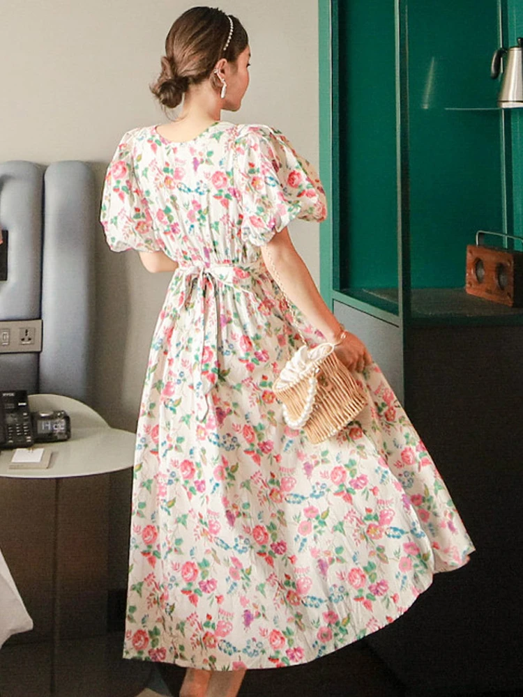 Korean Summer Elegant Women Long Dress Mujer Floral Print Puff Sleeve Maxi Dresses Party Beach Korean Summer Elegant Women Long Dress Mujer Floral Print Puff Sleeve Maxi Dresses Party Beach