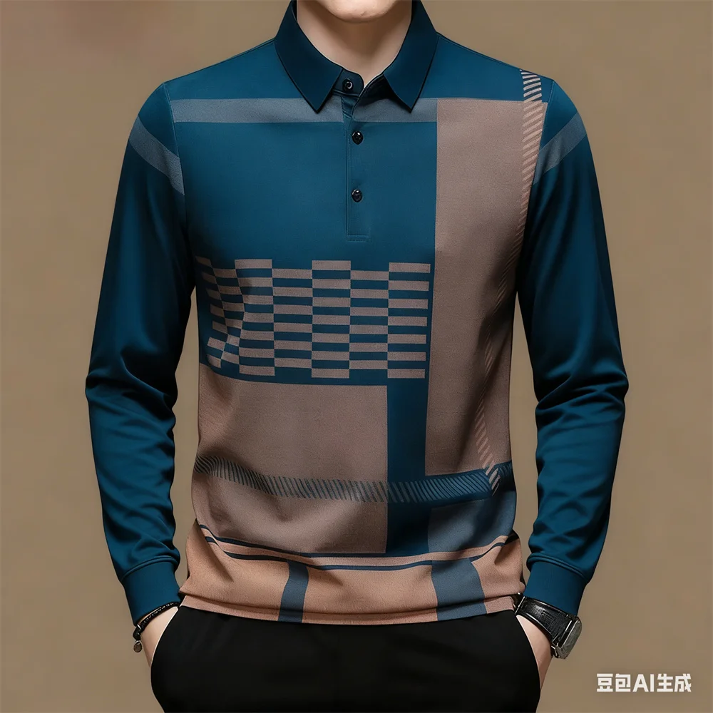 

Fashion Geometric Pattern Long Sleeve Polo Shirts 3D Printed Simple Stripe Graphic Men's Pullover Loose Casual Button Lapel Tops