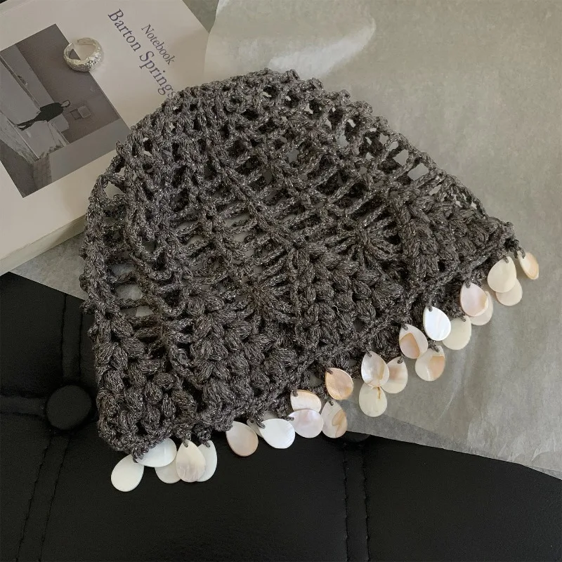 Koreanische Neue Mütze mit Muschel-Quasten-Design, Strickmütze, Herbst, handgefertigt, gehäkelt, hohles Netz, atmungsaktive Beanie-Mützen für Damen – Detail 4