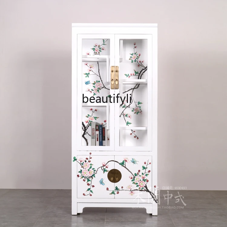 

New Chinese Style Black Paint Hand Painted Peach Blossom Display Cabinet Made of Glass Solid Wood Living Room Storage Study