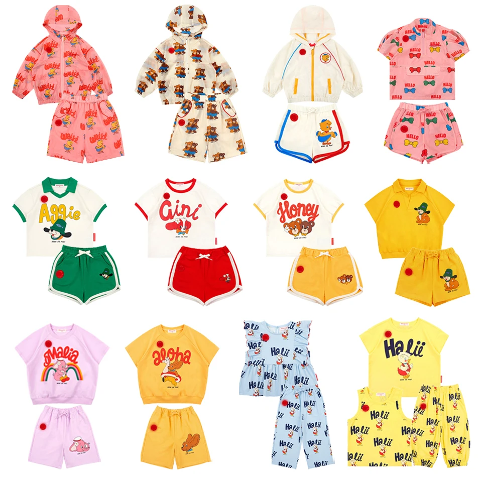 Комплект детской одежды, коллекция 2024, корейская летняя футболка для девочек, шорты, солнцезащитная одежда с героями мультфильмов для мальчиков, детские футболки с короткими рукавами, 아동복 세트