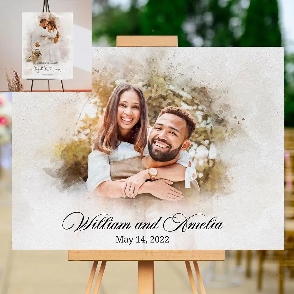 Watercolor Couple Portrait Poster Unique Wedding Welcome Sign Art Print Canvas Painting Wall Picture for Welcoming Guests Decor