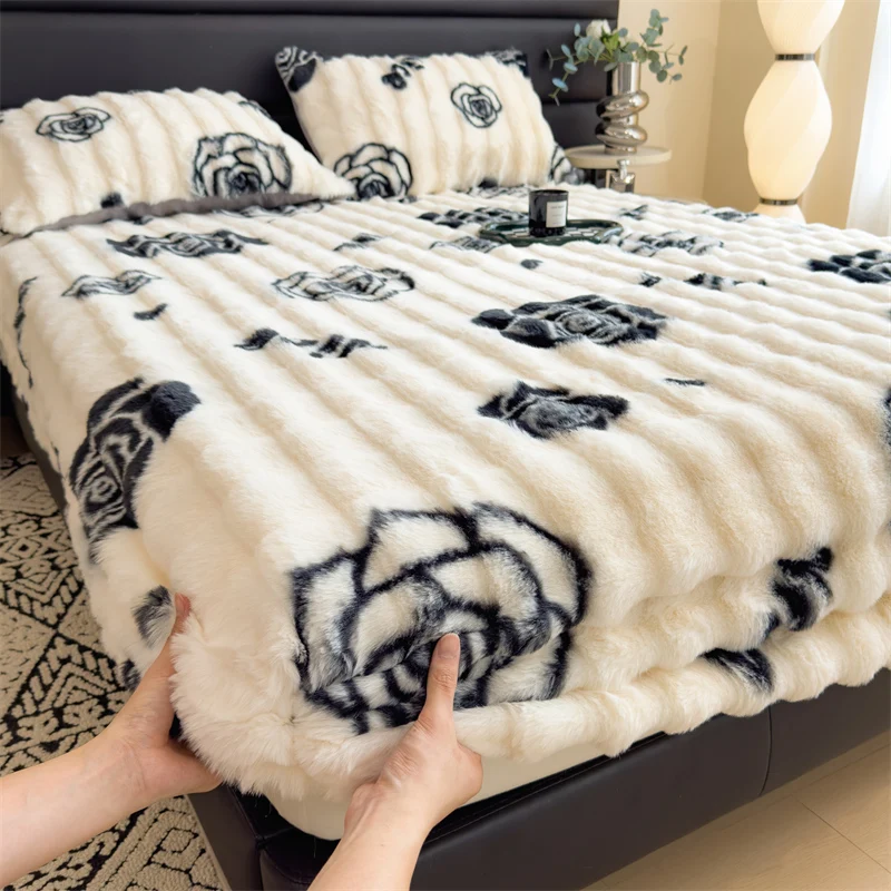 

2024 new thickened rabbit plush mattress single piece winter warm plush sheet cover all-inclusive mattress protective cover