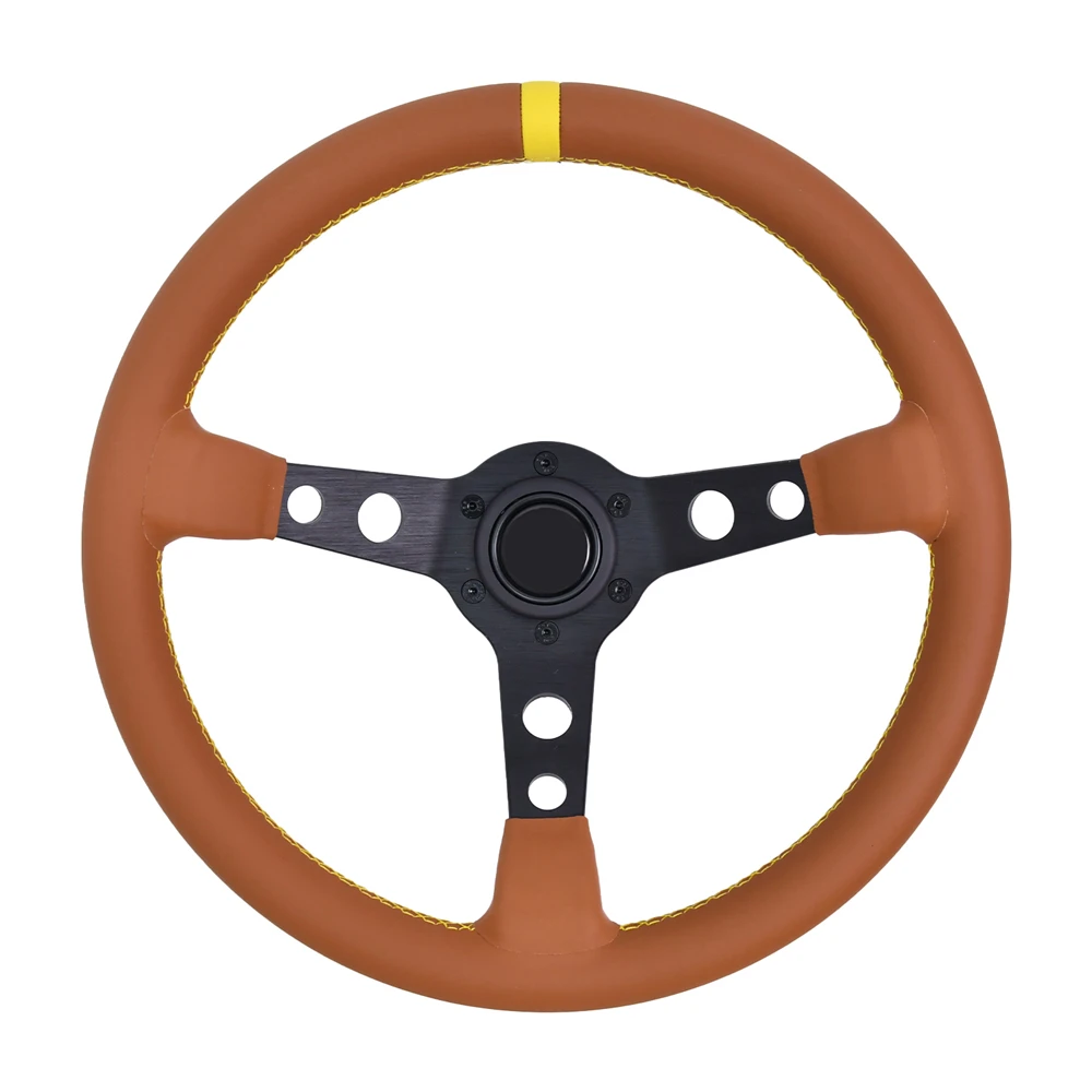 

350mm 14 Inch Classic Steering Wheel Brown Leather 3 Spokes Deep Concave Drift Sport Steering Wheel with Yellow Connector
