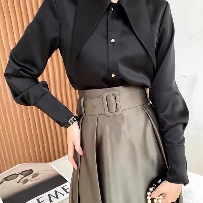 Women Satin Pointed Collar Luxury Designer Elegant Shirts Spring Autumn Fashion Office Lady Business Casual Long Sleeve Blouses