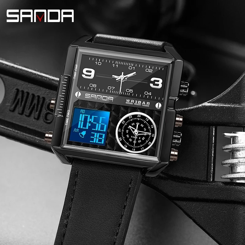 

SANDA Fashion All Black Square Men's Watches Top Brand Luxury Automatic Calendar Three Time Multi-function Digital Watch 6023