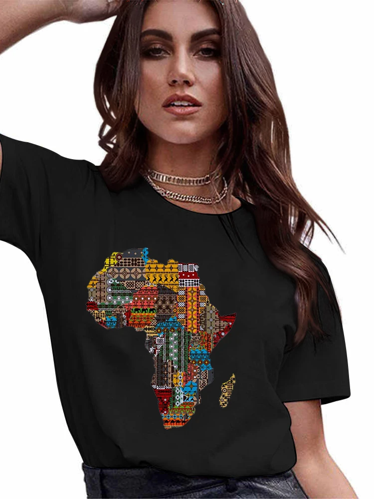 Women Tee Cartoon Africa Print T-shirt For Women Short Sleeve Harajuku Female Ropa Mujer Clothes Simple T Shirt Women