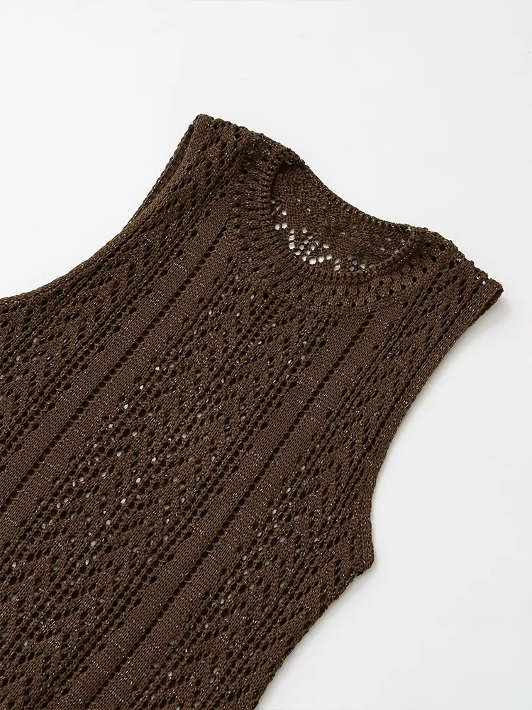 เทรนด์แฟชั่นสตรีใหม่ในช่วงฤดูร้อนสไตล์ยุโรปและอเมริกาชุดถักคอกลมแขนกุดเรียบง่ายทุกการแข่งขัน