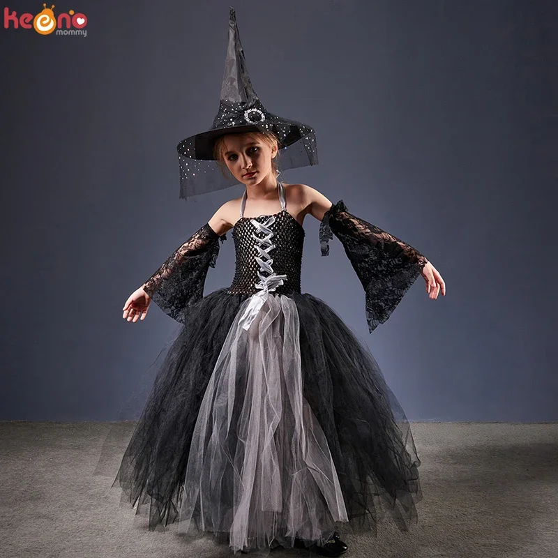 

Halloween Ghost Witch Costume Kids Gown Robe Tutu Dress Witch Hat Party.