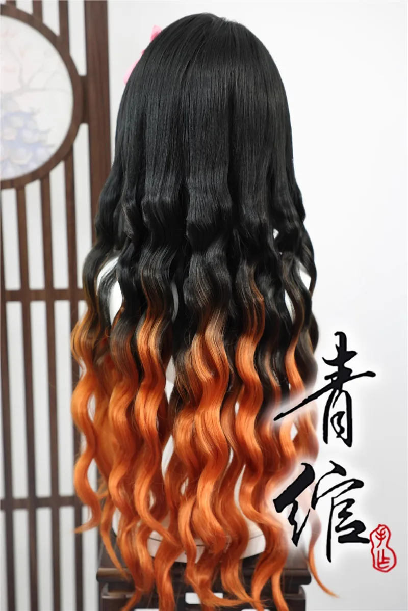 Styled Kamado Nezuko Cos Wigs Mixed Color Curly Long Cosplay Wig Anime Convention Party Show Christmas as Role Play Prop Gift