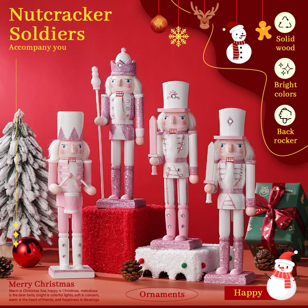 30cm Christmas Wooden Pink King Nutcracker Soldier Ornament Wooden Figures Craft for Festival Party Home Desktop Decoration