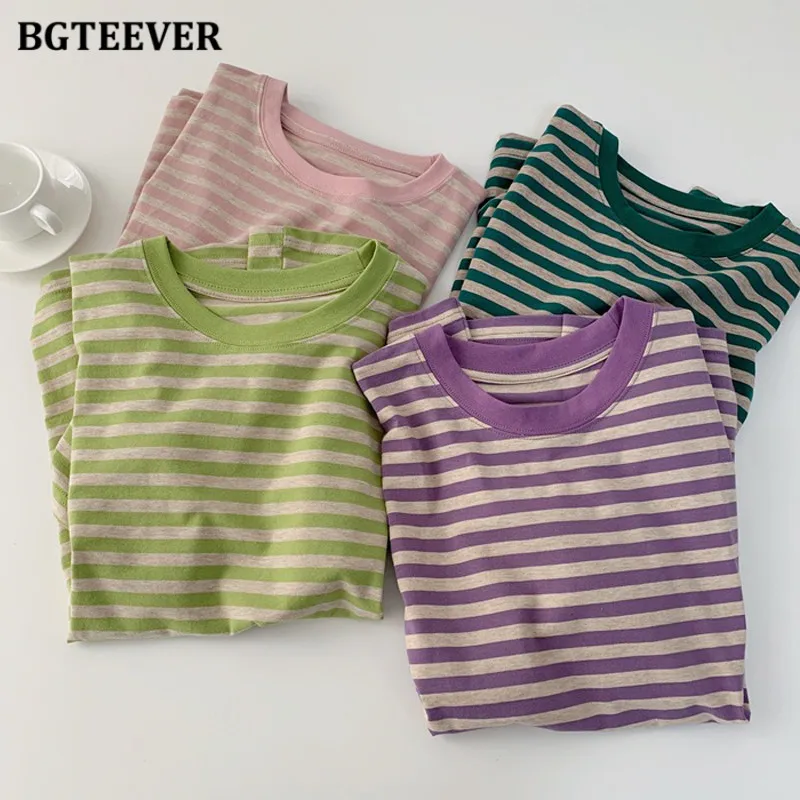 BGTEEVER Stylish Basic Striped T-shirts for Women O-neck Short Sleeve Loose Female Cotton Tees Summer Casual Ladies Tops