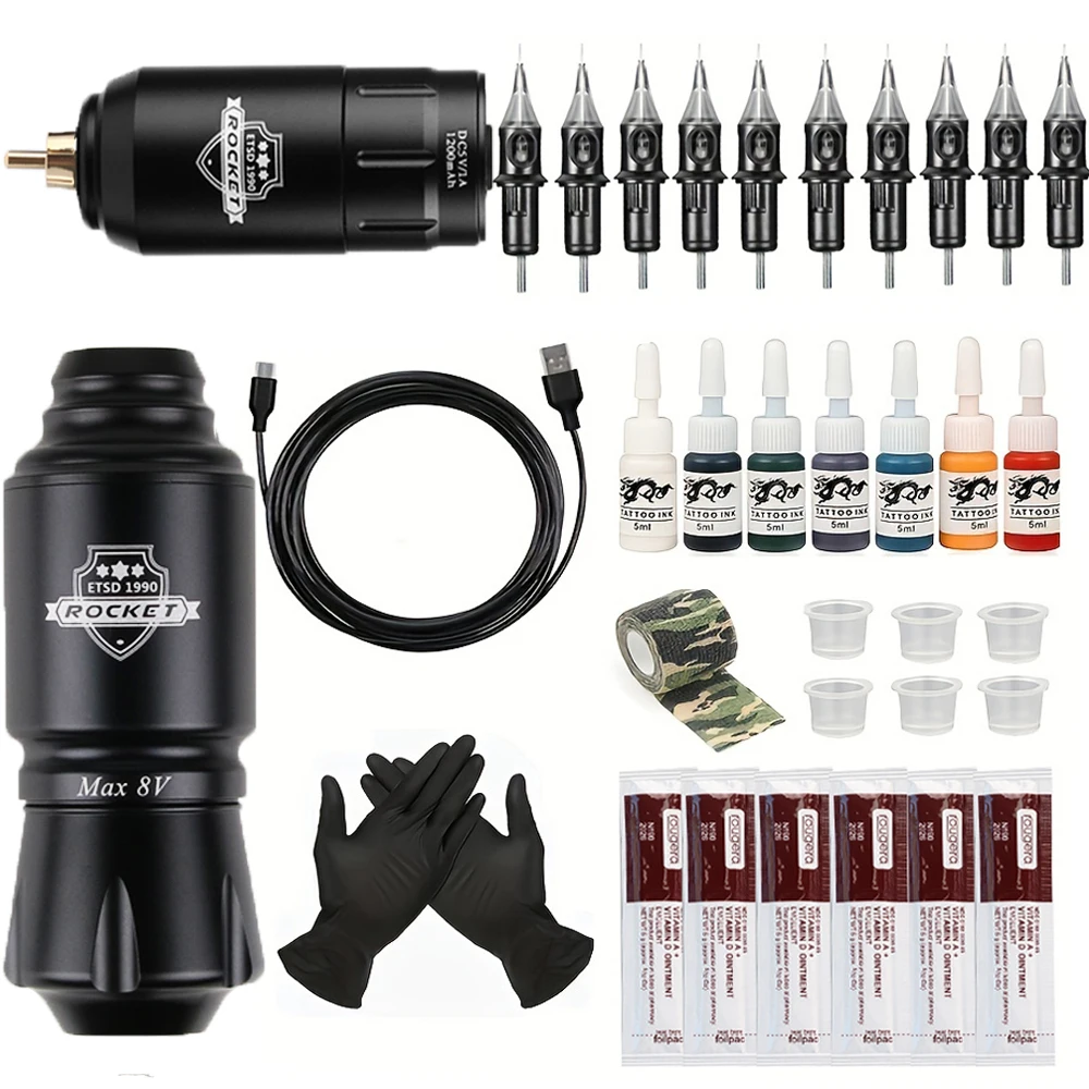 

Полный набор беспроводной машинки для татуировки ракетка мини-тату ручка с перезаряжаемым блоком питания для татуировки набор чернил для татуировки боди-арт