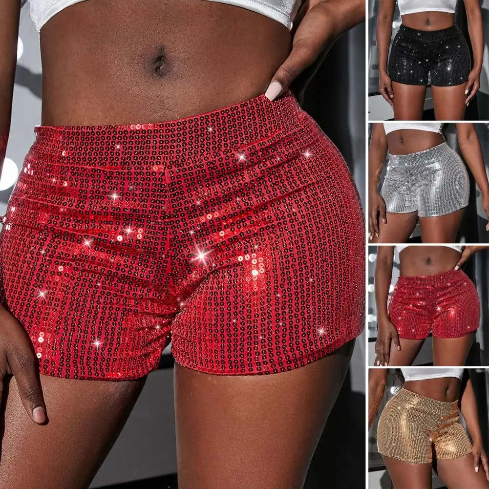 Glittery Straight Leg Shorts Glittery Straight Leg Party Shorts for Women High Waist Sequins Clubwear Pants for Stage