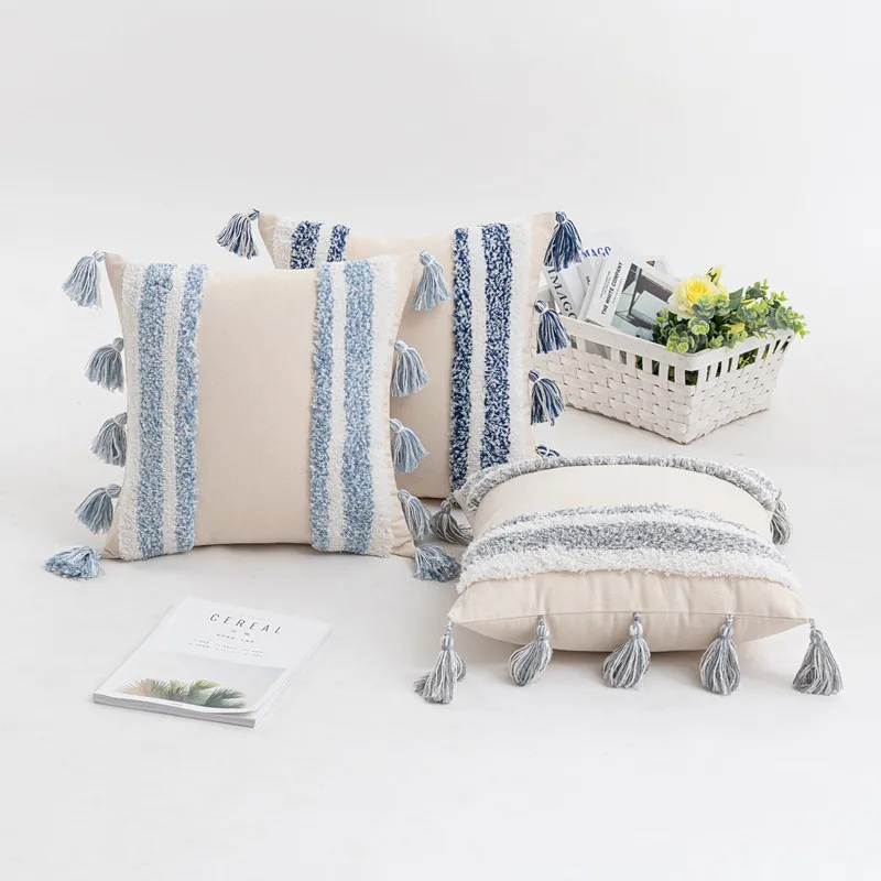 

Tufted Striped Panel Fringe Pillowcase New Boho Multicolor Square Cushion Cover Without Core