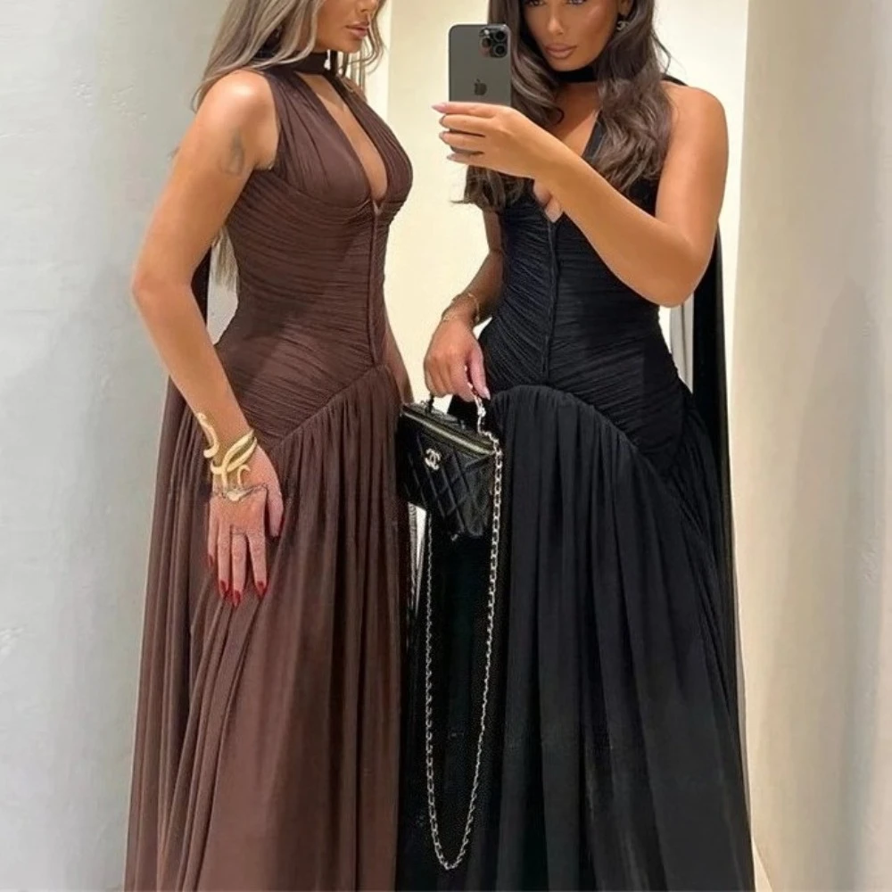 

Sexy Chiffon Evening Dresses Halter V-Neck Sleeveless A-Line Dress Exquisite High Quality Prom Party Gowns for Women Customized