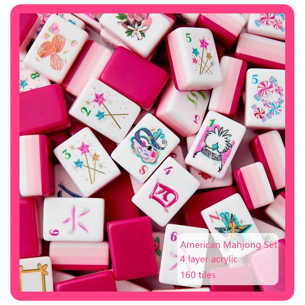 In Stock Hot Pink Candy 4-Layer Acrylic Mahjong Tiles American Mahjong Set 160 Tiles Portable Travel Party Game Surprise Gifts