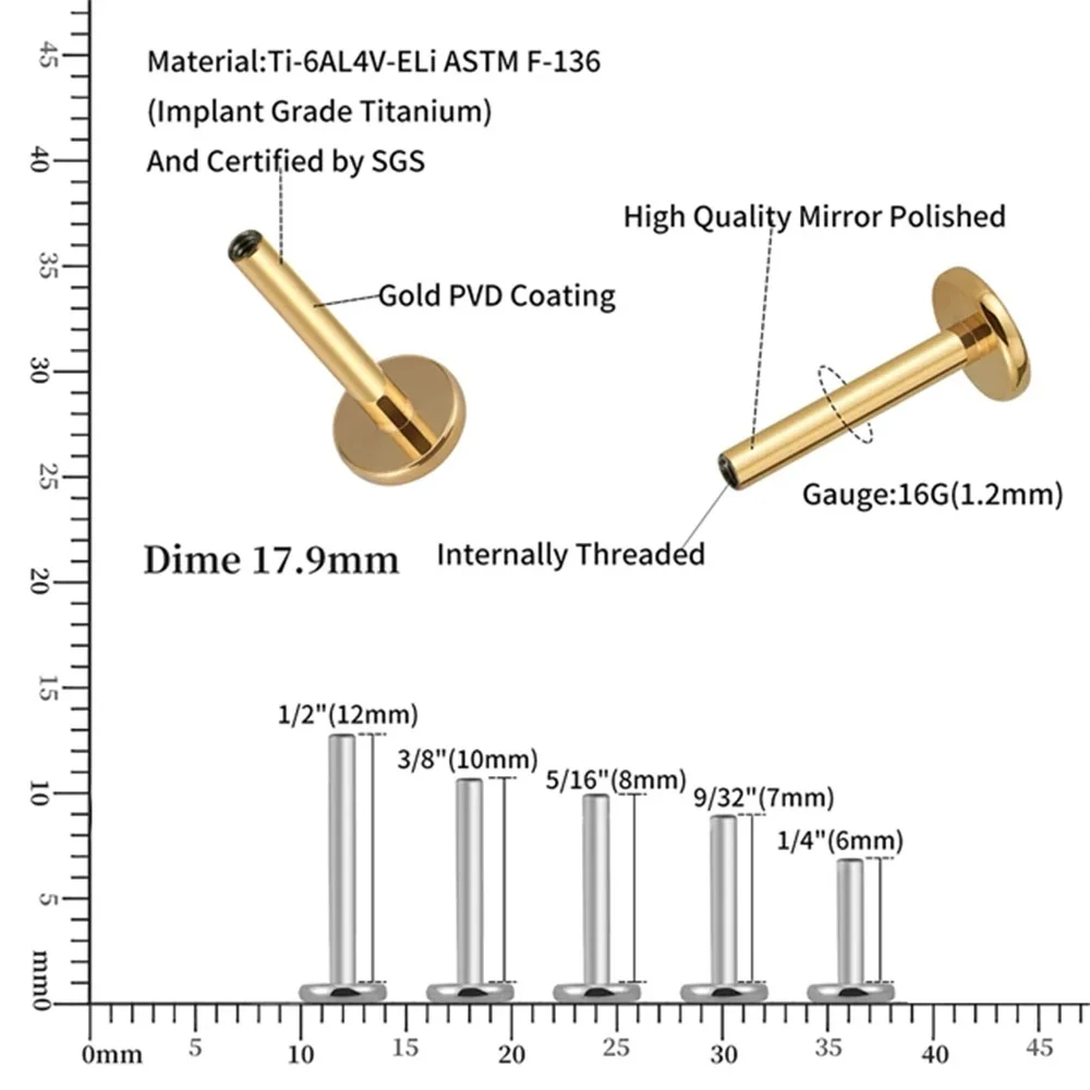 1pc G23 Titanium Piercing Internally Threaded Stud Earrings Rod Base 16G For Labret Lip Ear Body Piercing Jewelry Accessories