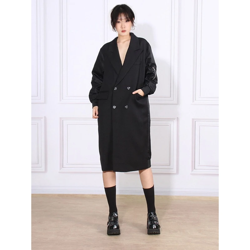 

Autumn Patchwork Flap Pocket Casual Loose Color Block Long Double Breated Trench Windbreaker Outwear Women