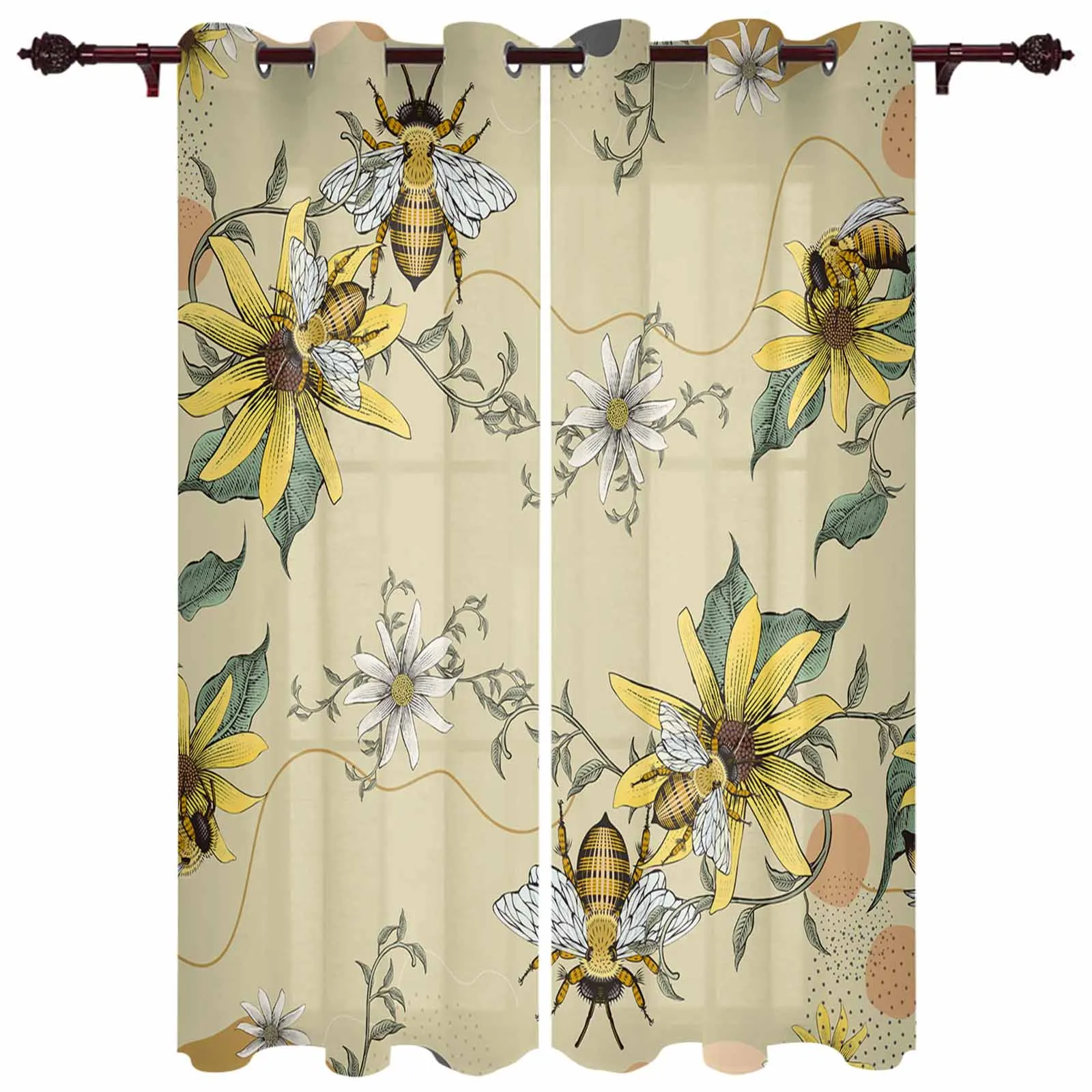 Bee Flower Leaf Bohemian Window Curtains for Living Room Luxury Bedroom Curtains Coffee Dining Room Drapes