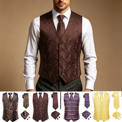 V-Neck Waistcoat 4 Pieces Set for Men Vest Tie Pocket Square Cufflinks Business Banquet Outfit