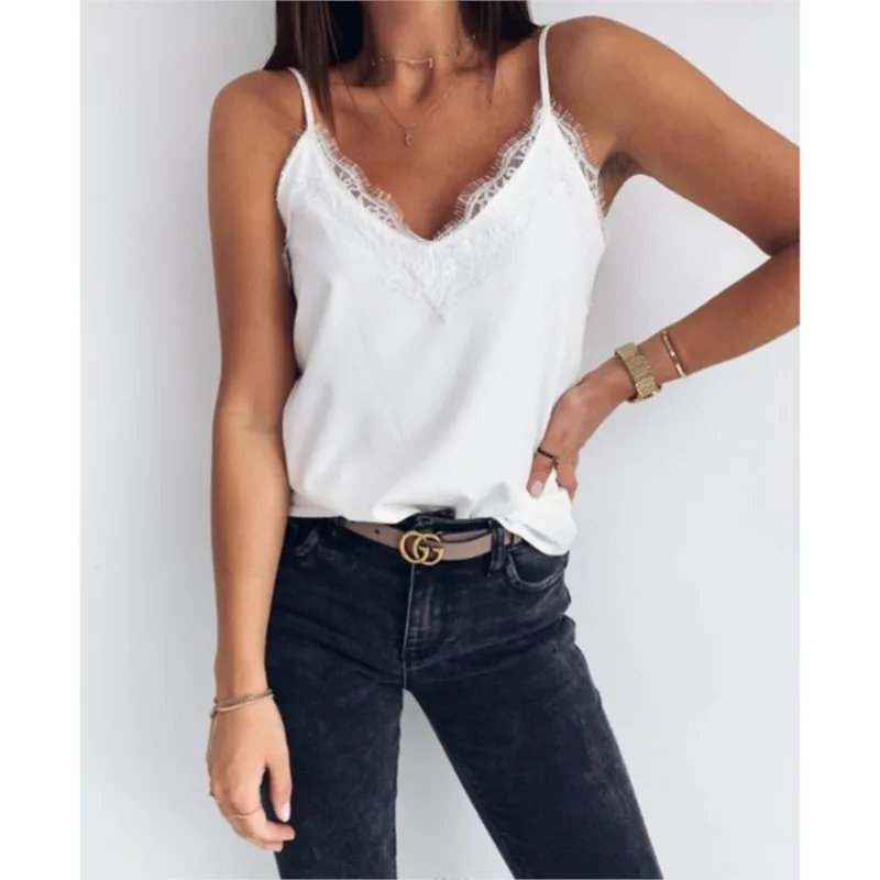 2024 Summer Women's Street Trendy V-Neck Lace Lace Splice Solid Color Sexy Slim Fit Women's Small Suspender Bottom