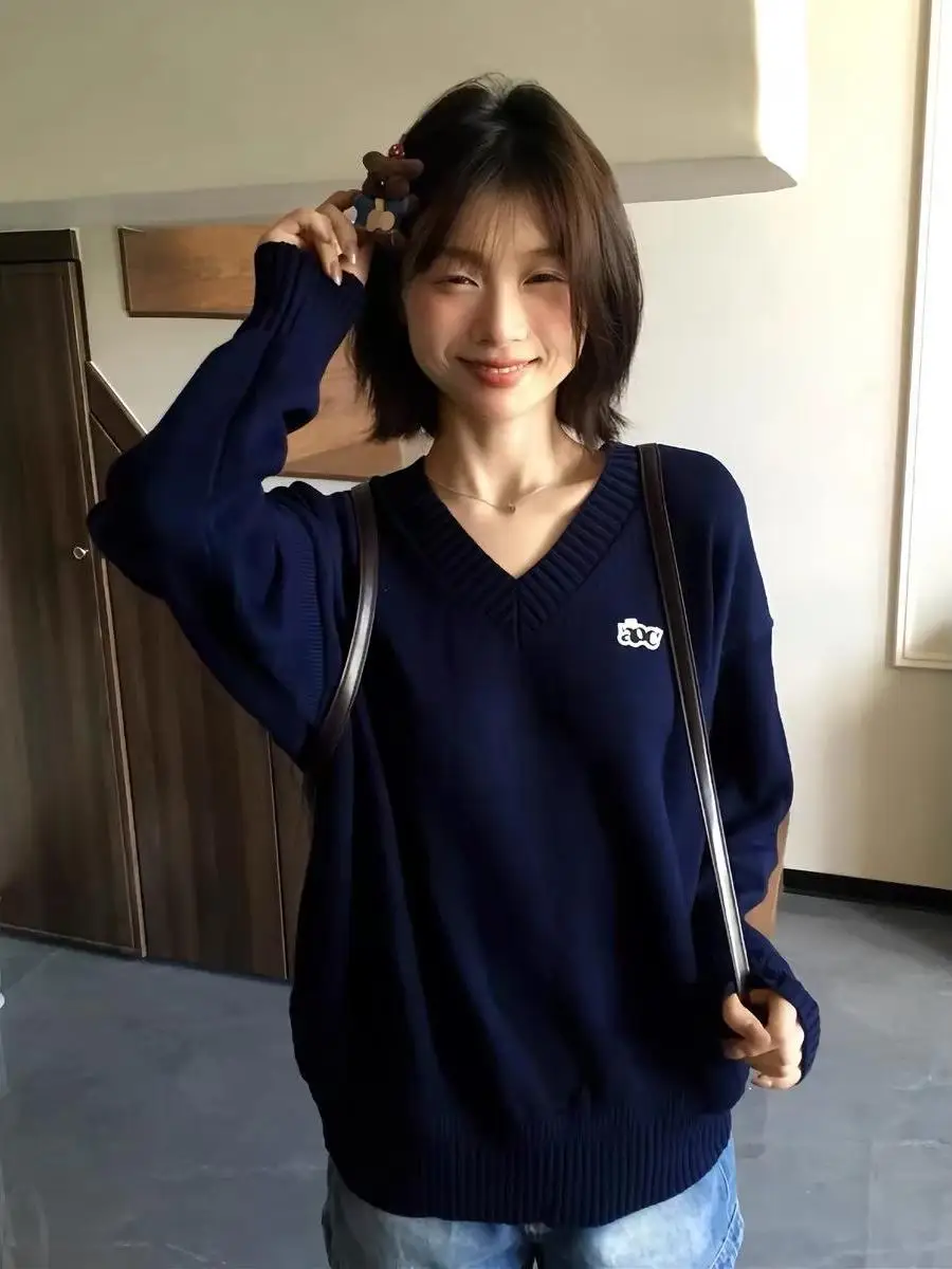 

Loose V-Ne Knitted Sweater Women's Comfortable Soft Blue College Sle Top Vintage Japanese Sle Loose Fit Long Sve