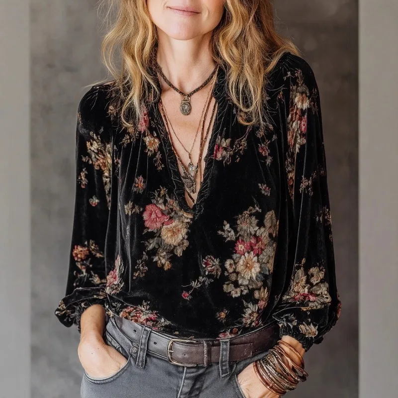 

Autumn Winter Gold Velvet Printed Retro Pullover Top Women's Ethnic V-Neck Black Long Sleeved Vacation Shirt Top Streetwear New