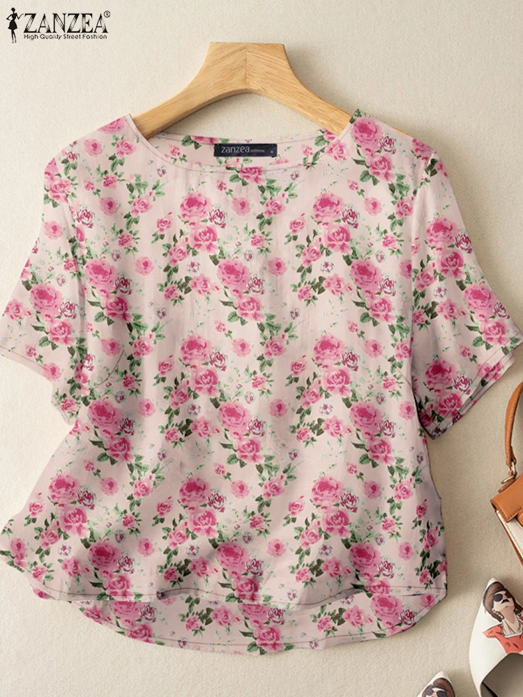 

ZANZEA 2025 Summer Floral Printed Blouse Women Short Sleeve Holiday Tops Casual Loose Work Blusas Female Chemise Bohemian Shirt