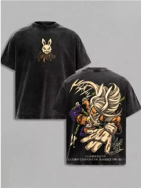 Unisex Vintage Washed T‑Shirt Men Women Oversized Short Sleeve Tee Abstract Beast Rabbit Graphic Loose Streetwear Casual Tops