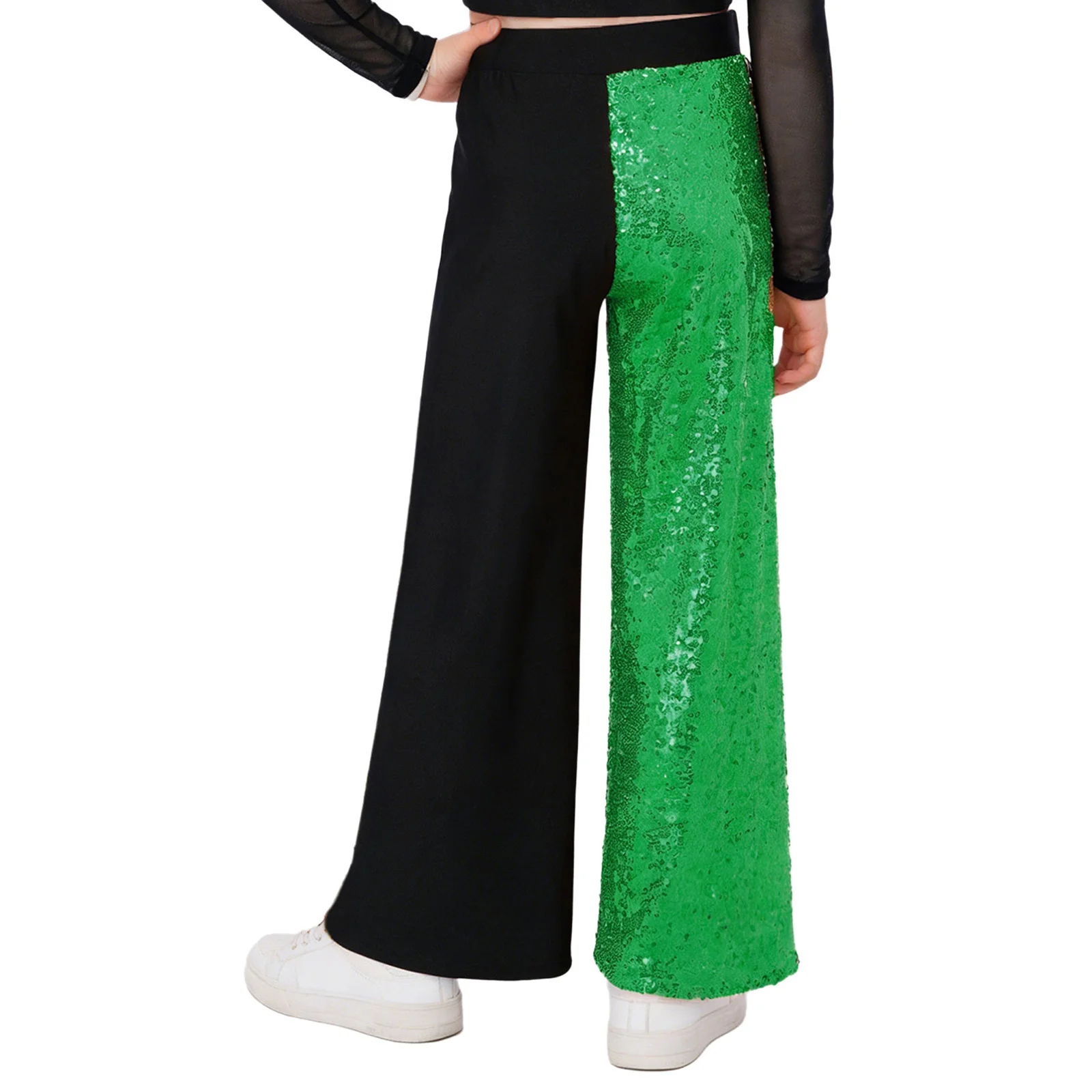 Kids Girls Sparkling Sequins Pants Color Block Trousers for Hip Hop Jazz Dance Cheerleading Stage Performance Competition Bottom