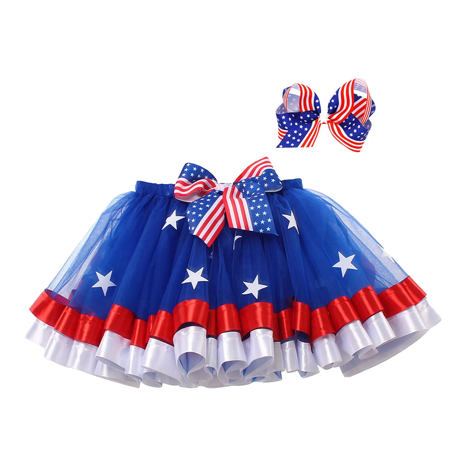 Carnival Kids Little Girls American Flag Pattern Tutu Skirt with Bowknot Hair Clip Red White Blue Star Striped Double Mesh Skirt