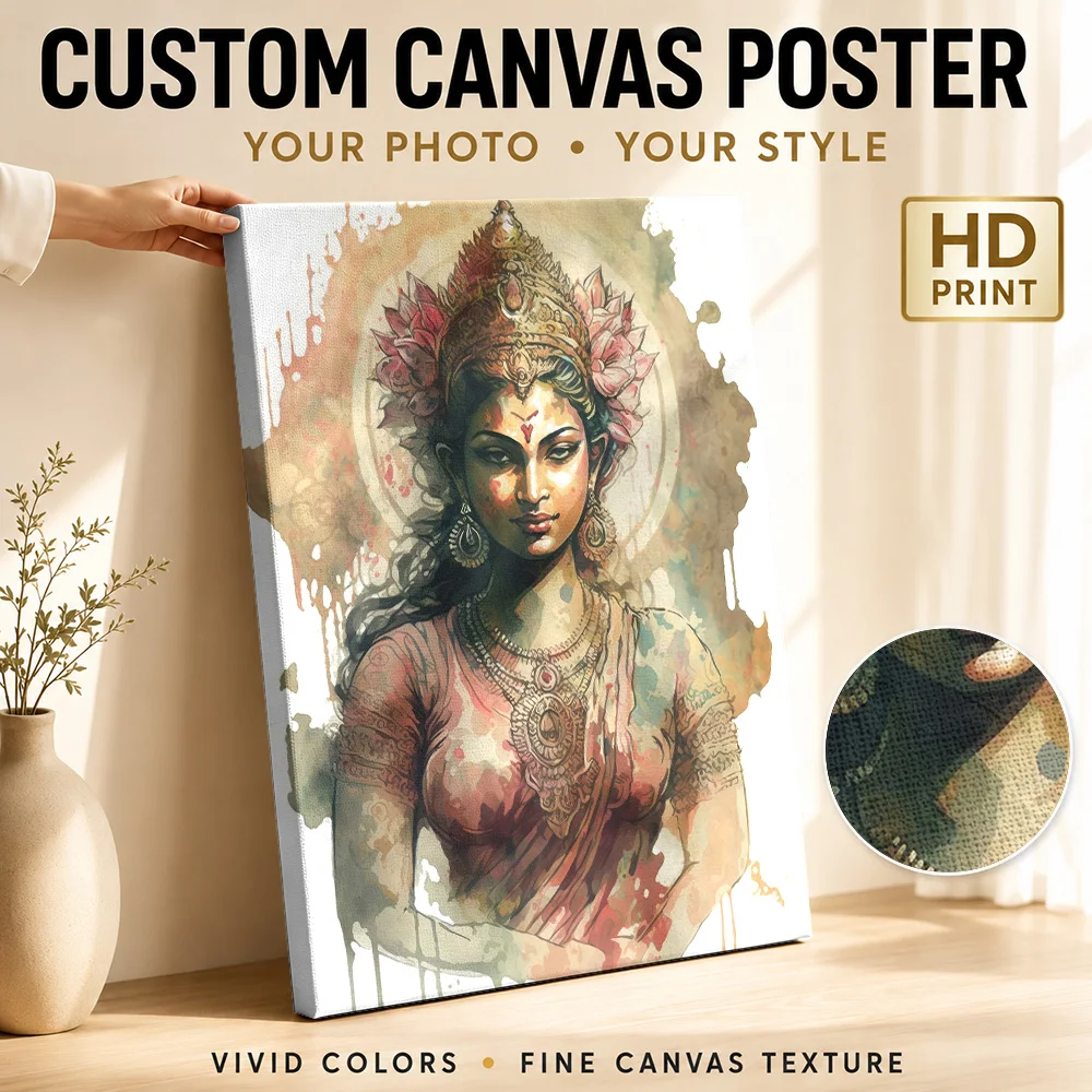 Lakshmi Hindu Faith Portrait Canvas Print With Wooden Frame Personalized Photo, Sacred Illustration Wall Art For Living Room