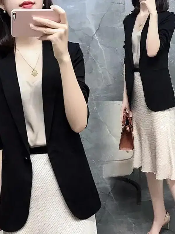 

Women's Drapey Suit Jacket Summer Outerwear Korean Style Nine-Quarter Sleeve plus Size Black Versatile Office Wear Polyester ...