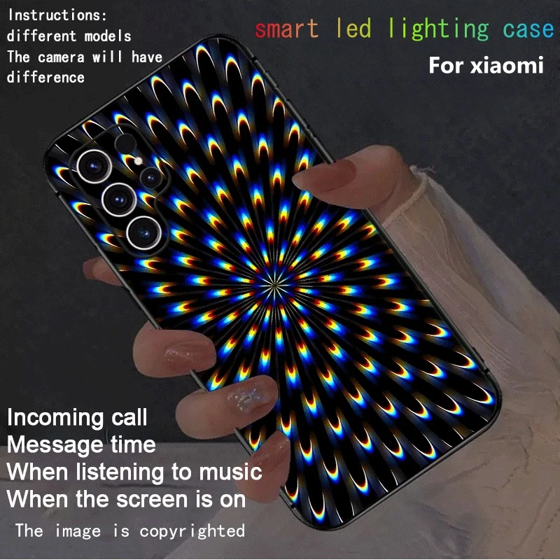 Stylish 3D Radial LED Light Glow Phone Cover Case For Xiaomi Redmi Note 15 14 13 12 Pro 4G 5G POCO X7 X8 Pro Glass Shine Fundas