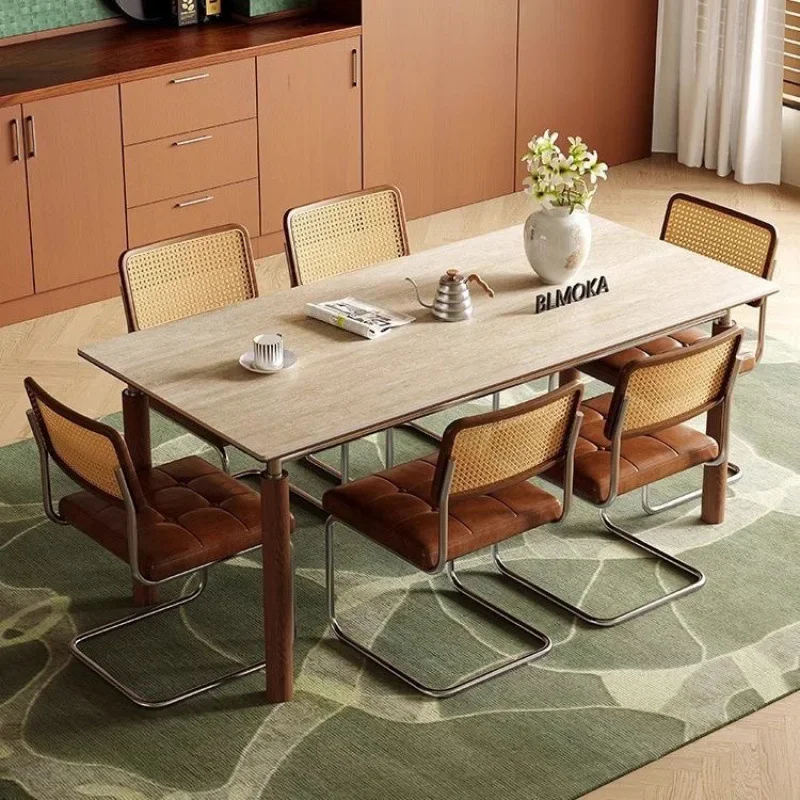 Medieval rock slab dining table, rectangular solid wood retro small apartment Nordic metal modern table