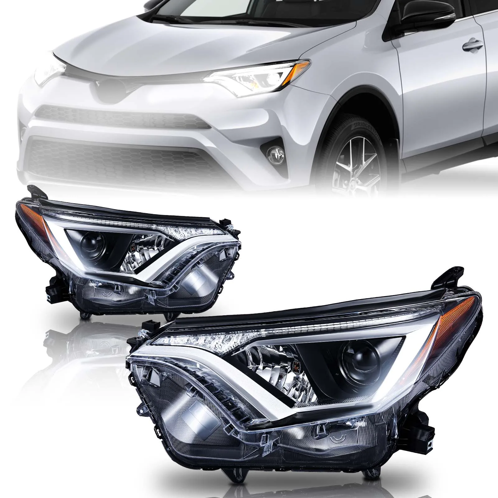 For Toyota RAV4 2016 2017 2018 Chrome Headlight Assembly 2pcs Passenger + Driver Side Set Halogen Projector Headlight