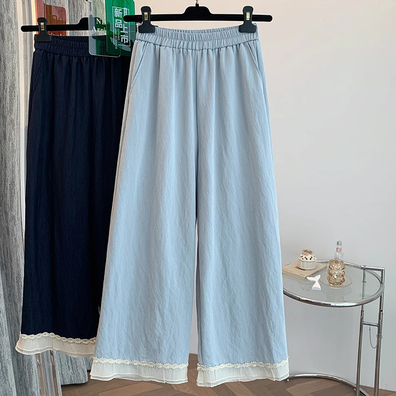 بنطلون نسائي واسع الساق بخصر مرتفع، تصميم جديد لصيف 2023، مريح وفضفاض من مزيج القطن مع كشكشة