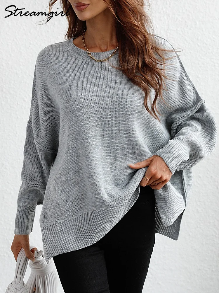 Fashion Oversized Sweaters For Women 2022 Autumn Loose O Neck Knit Sweater With Split Pull Knitted Pullover Women Oversize Grey