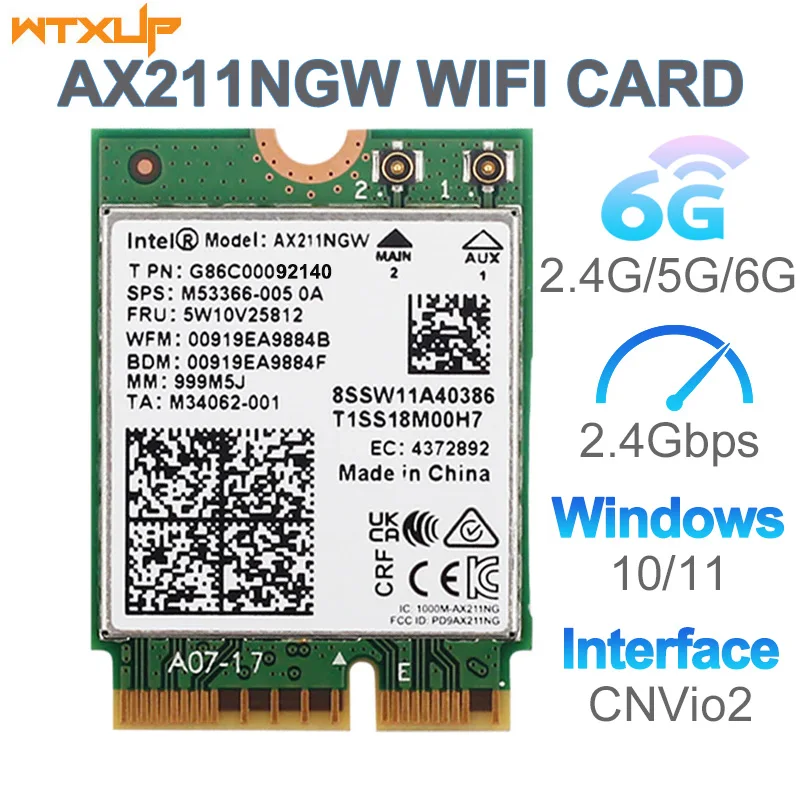 Wi-Fi6E AX211 M.2 Key E CNVio2 Wifi Card Dual Band 5374Mbps Wireless Bluetooth 5.2 2.4G/5G/6G 802.11ac/ax support window11