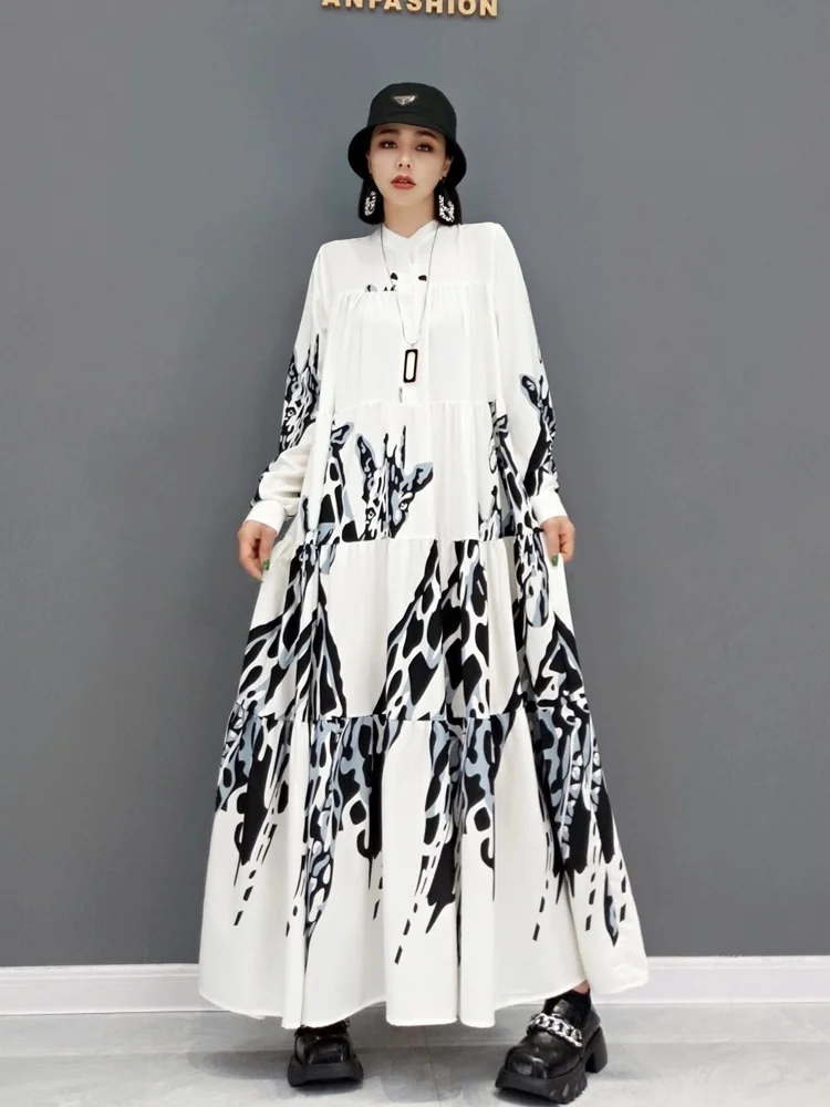 Women Long Sleeves Crew Neck Dress Loose Leisure Mid-length Printing Temperament White A-line Dress 2024 Spring Autumn LHX1756F1