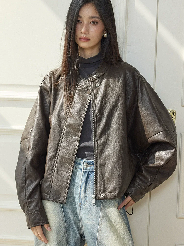 Giacca corta da motociclista in pelle PU allentata dolce e alla moda classica