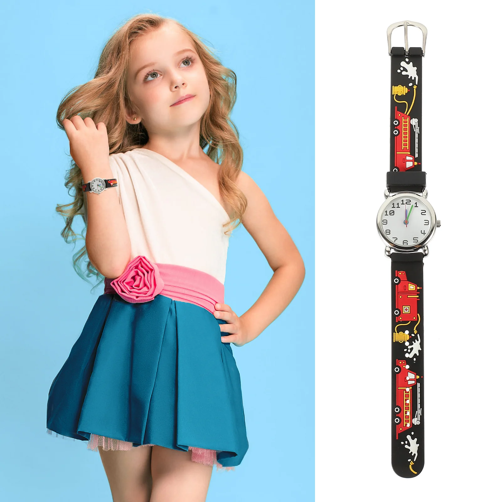 ساعة يد كارتونية لقتال الحرائق بنمط شاحنة قابلة للتعديل وخفيفة الوزن مقاومة للماء لطلاب الهدايا #1