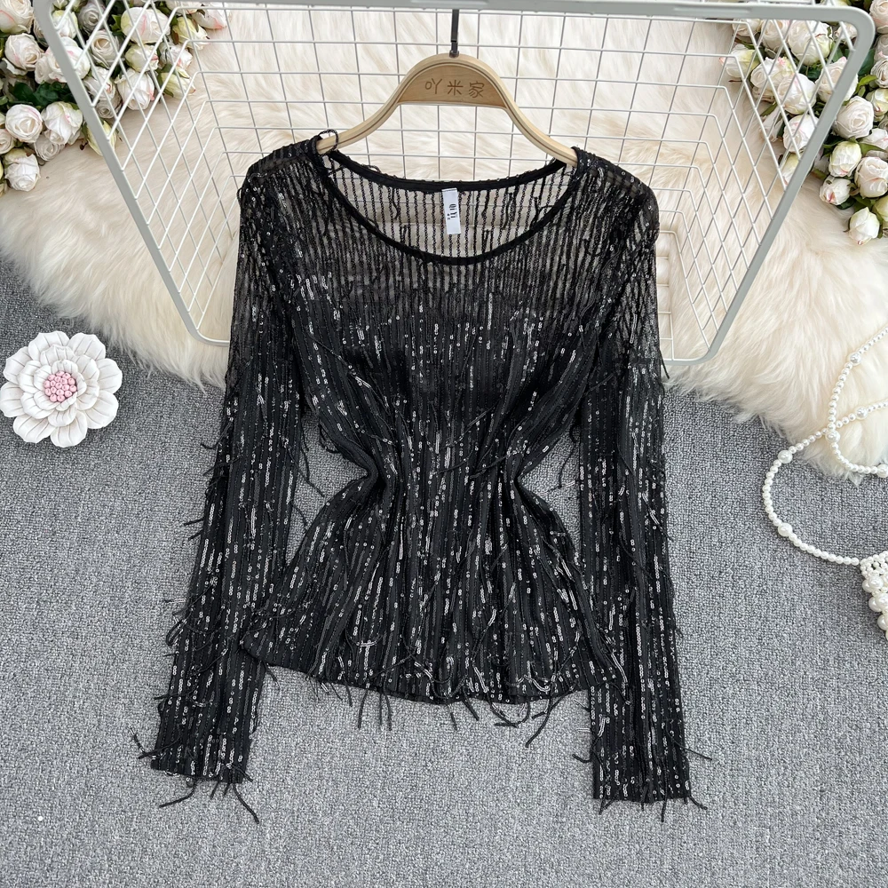 Spring 2025 Women's Loose Long Sleeve round Neck T-Shirt Sequin Trim Fashionable Short Style Commute Korean Style Bright Thread